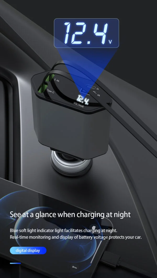 Cargador Para Auto 4 en 1 Retráctil Seis Con salidas USB duales y tipo C - Image 4