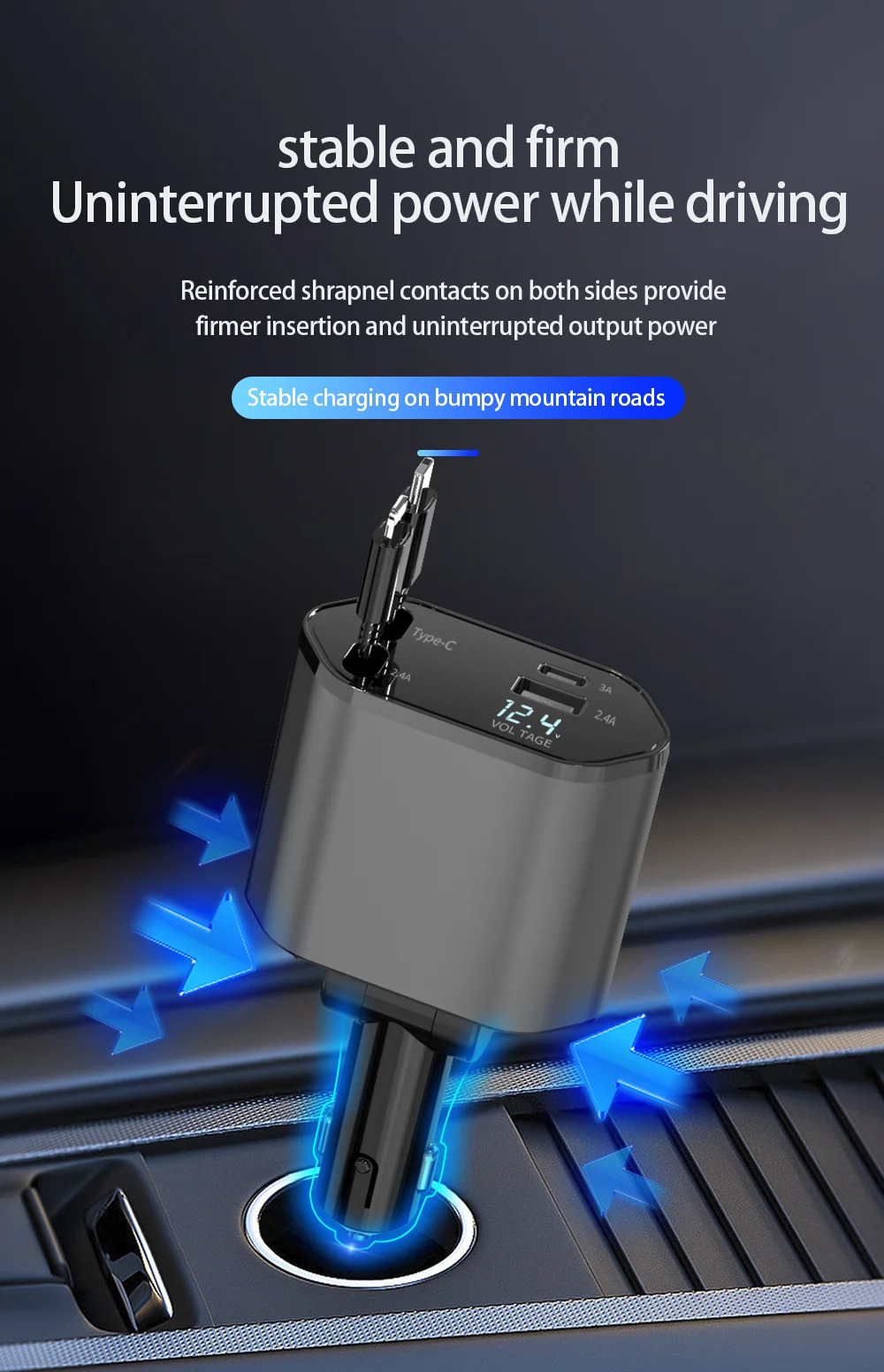 Cargador Para Auto 4 en 1 Retráctil Seis Con salidas USB duales y tipo C - Image 5