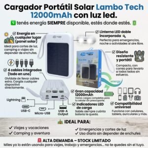 Cargador Portátil Solar Lambo Tech 12000mAh con 4 Cables Integradoscon luz led