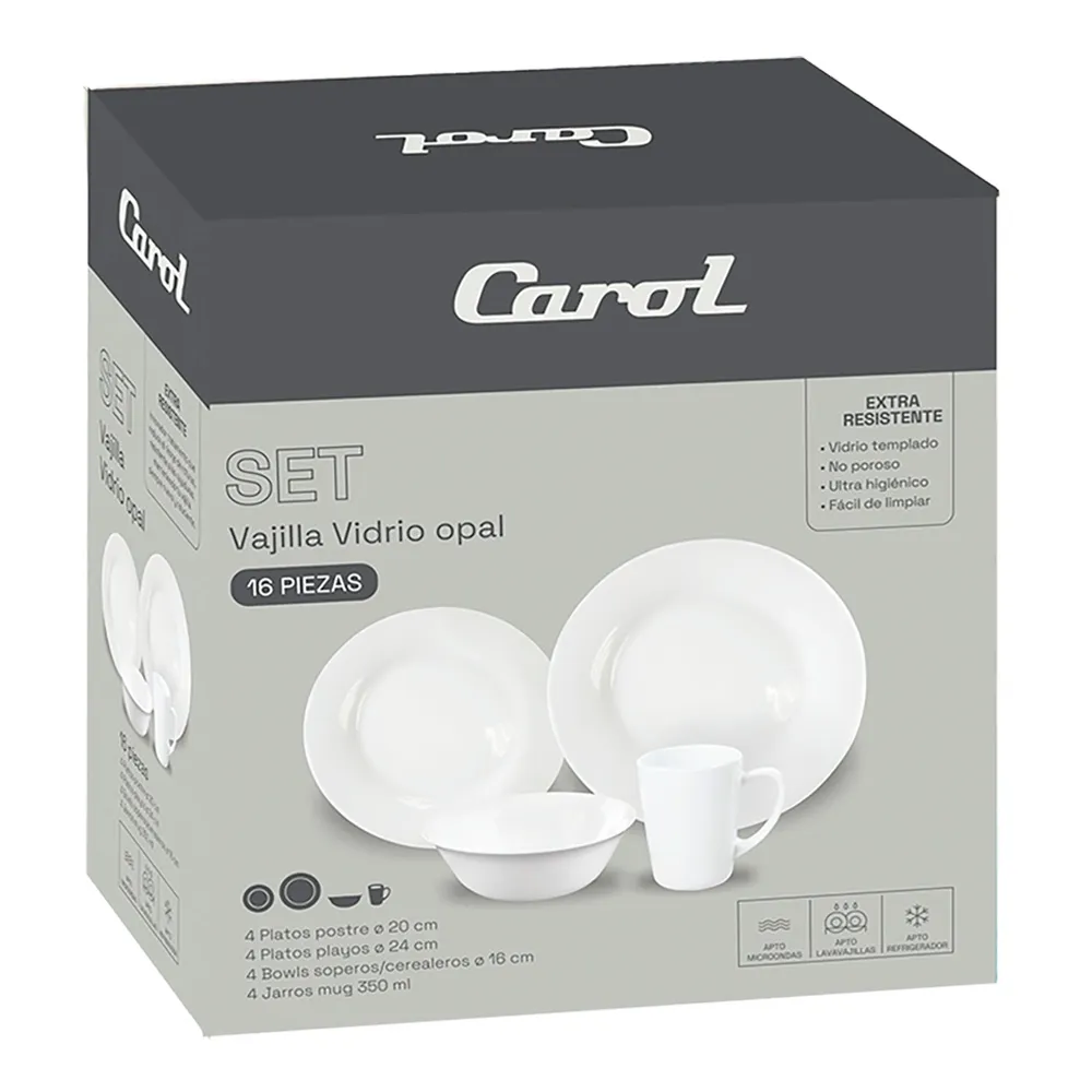 Set Vajilla Vidrio Opal Carol 16 Piezas Blanco