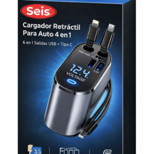 Cargador Para Auto 4 en 1 Retráctil Seis  Con salidas USB duales y tipo C