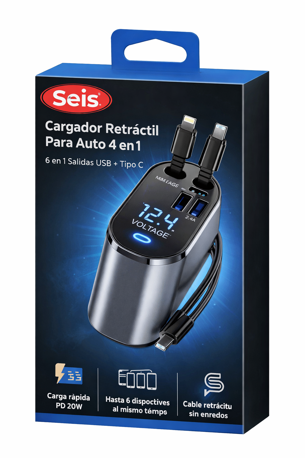 Cargador Para Auto 4 en 1 Retráctil Seis Con salidas USB duales y tipo C